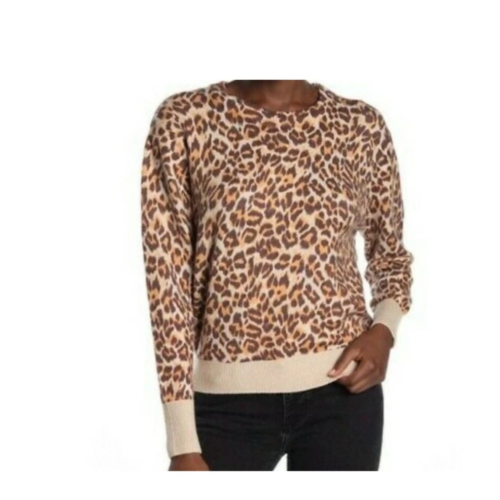 Elodie Tan & Brown Leopard Print Crewneck Knit Sweater - Size Small (S)